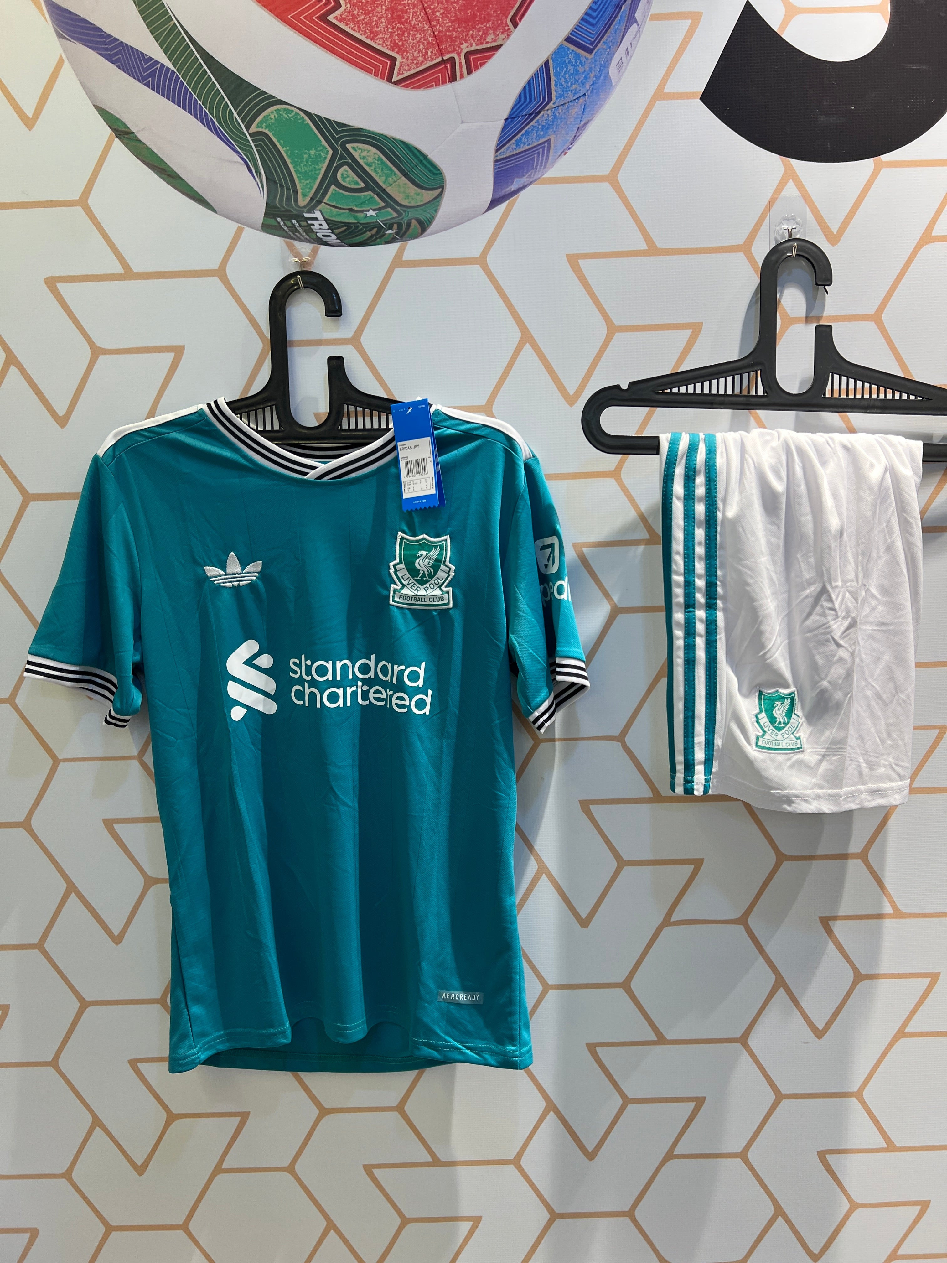 Liverpool FC Away Green 25/26 Kit front view premium football jersey and shorts