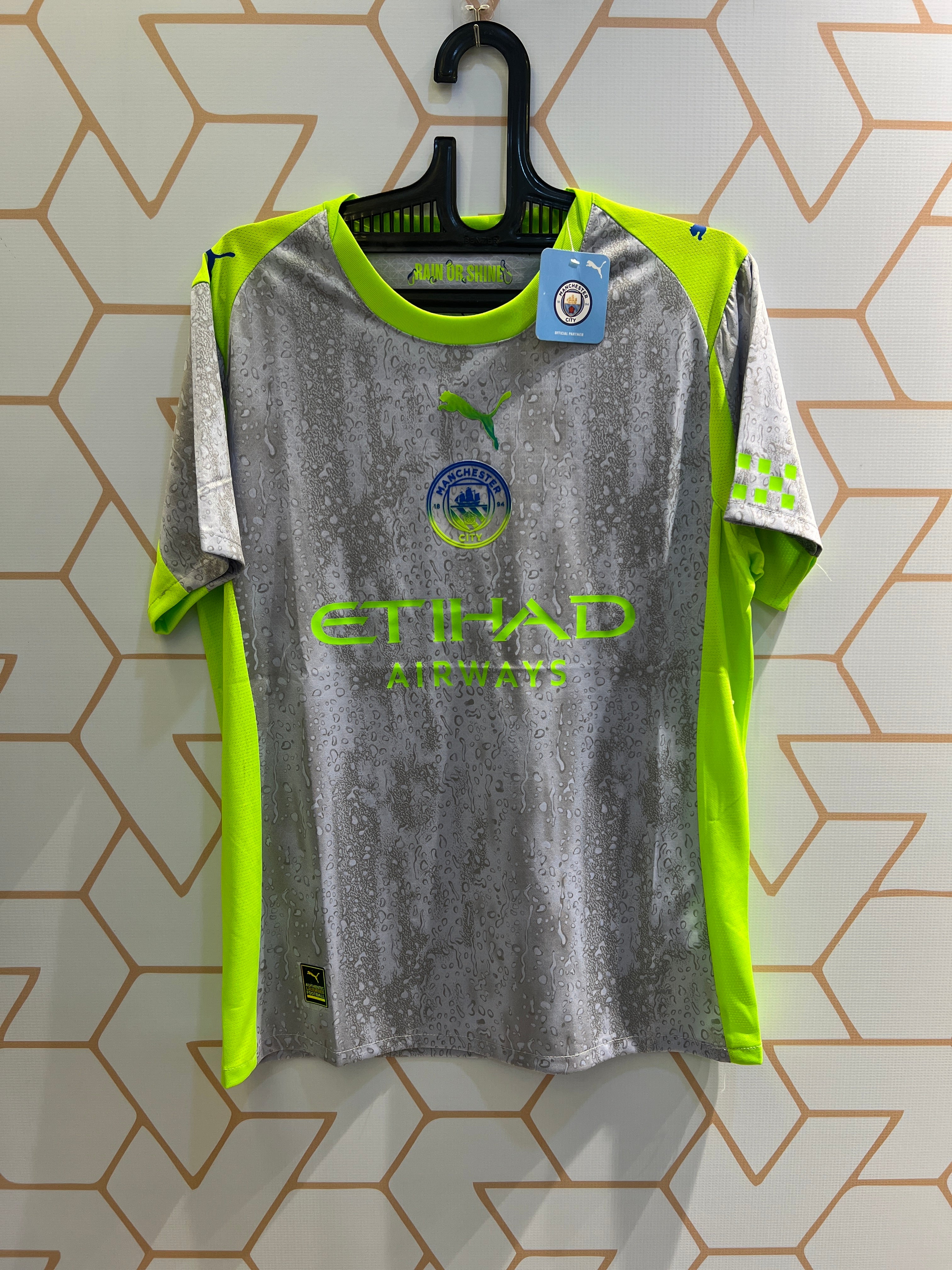 Manchester City Away 25/26 Jersey front view grey and neon player version design India