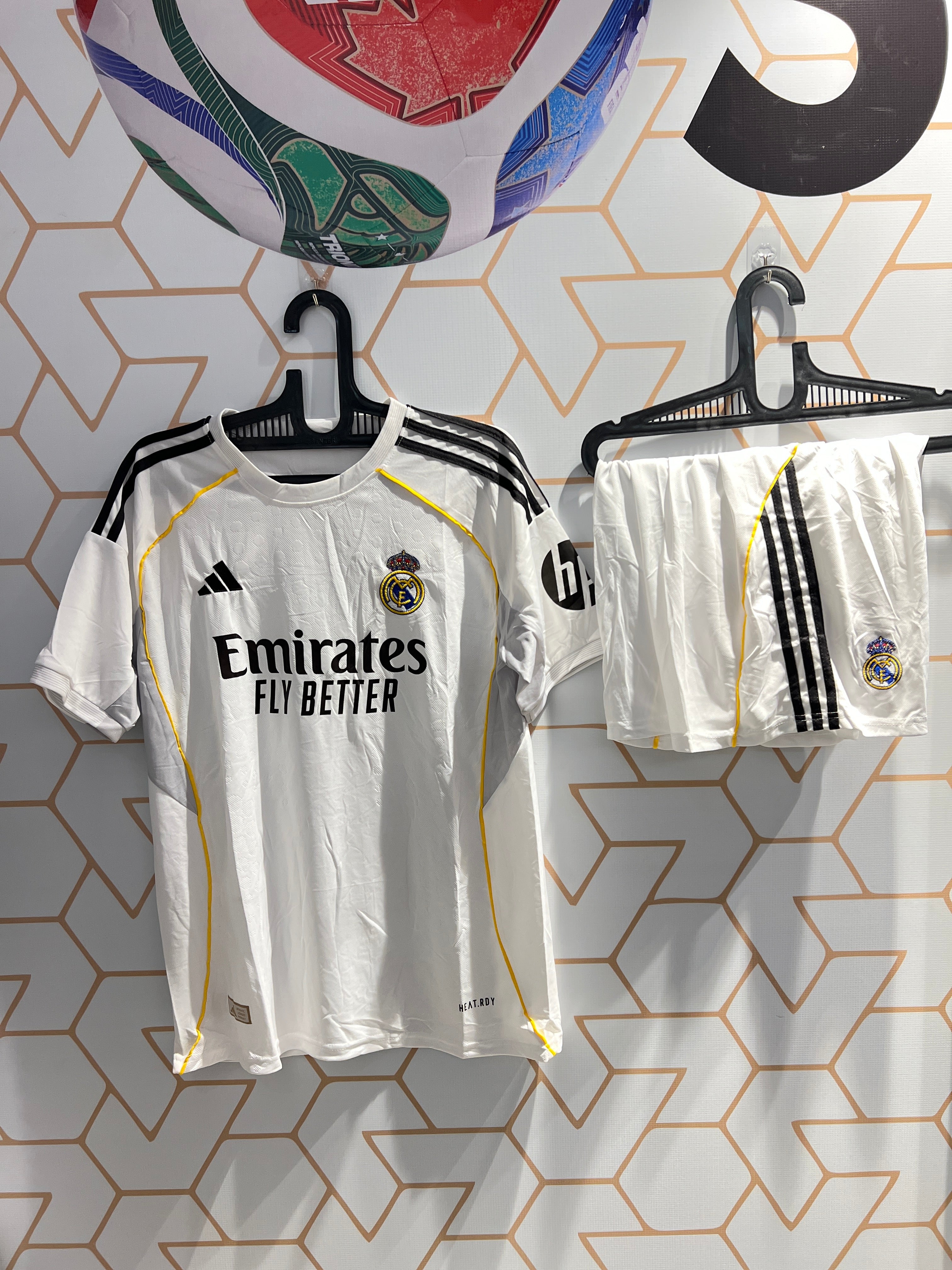 Real Madrid Home 25/26 Kit front view white football jersey and shorts